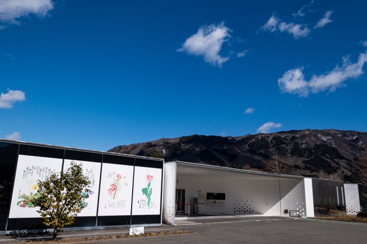 外壁にも作品が描かれ、草木湖畔の自然に抱かれるように立つ。