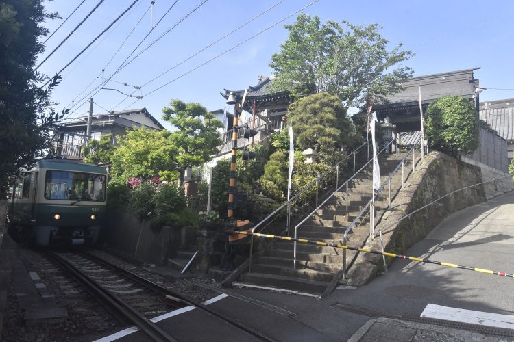 満福寺の石段のすぐ前を江ノ電が走り抜ける。