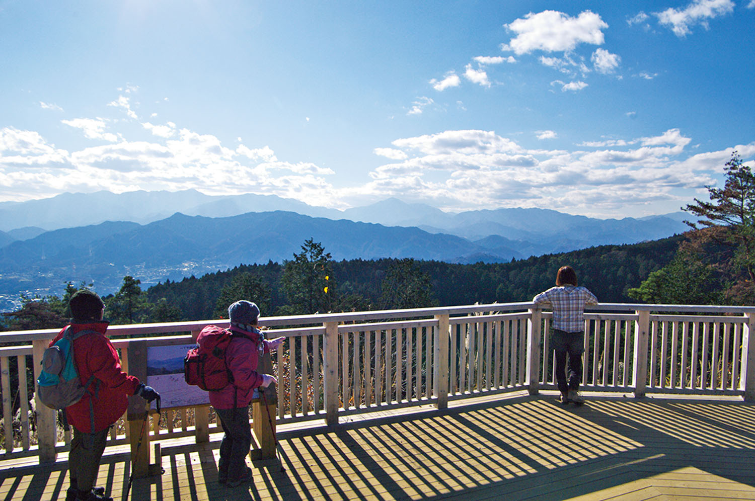 一丁平の展望台。富士山周辺の展望は高尾山、小仏城山とほぼ同じ。一丁平周辺はサクラで知られ、毎年4月中旬が見頃。