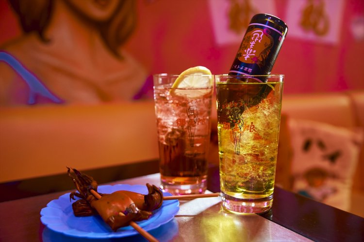 1杯500円、1曲200円均一でチャージは無し。御美娘サワー（奥）と赤まむし一本入り“元気なアレ”。まるごと酢いか250円。 「ヨギジーのまっすぐな眼差しが素敵！」