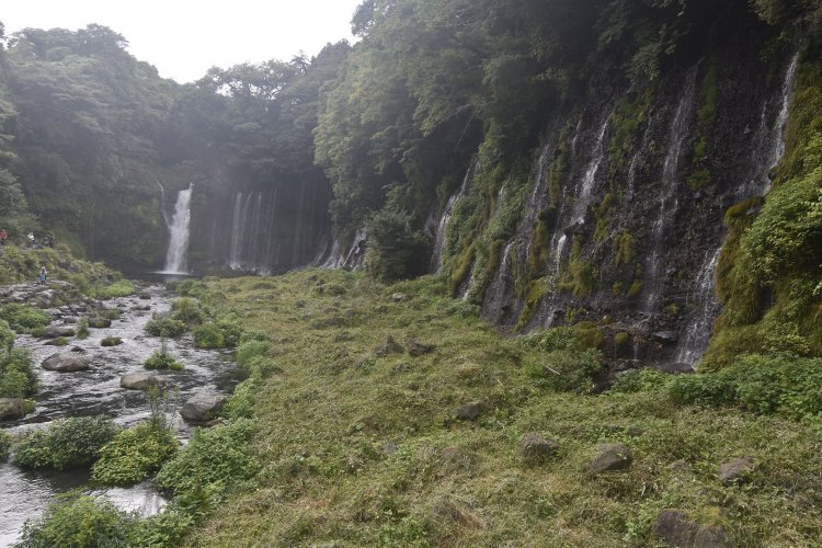 富士山の伏流水が富士の溶岩の隙間から流れ落ちる白糸の滝。世界文化遺産である。