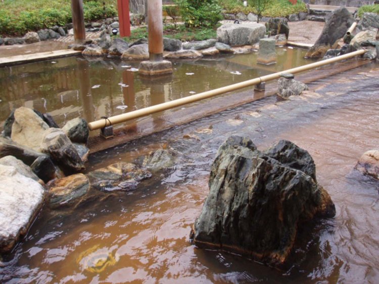 野趣豊かな大岩風呂。露天エリアの植栽を眺めながら温泉に浸かれる。