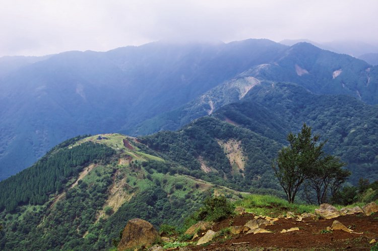三ノ塔山頂近くの大下りからの眺め。左下部の山が烏尾山、その先に表尾根の山が続く。 塔ノ岳は雲の中。