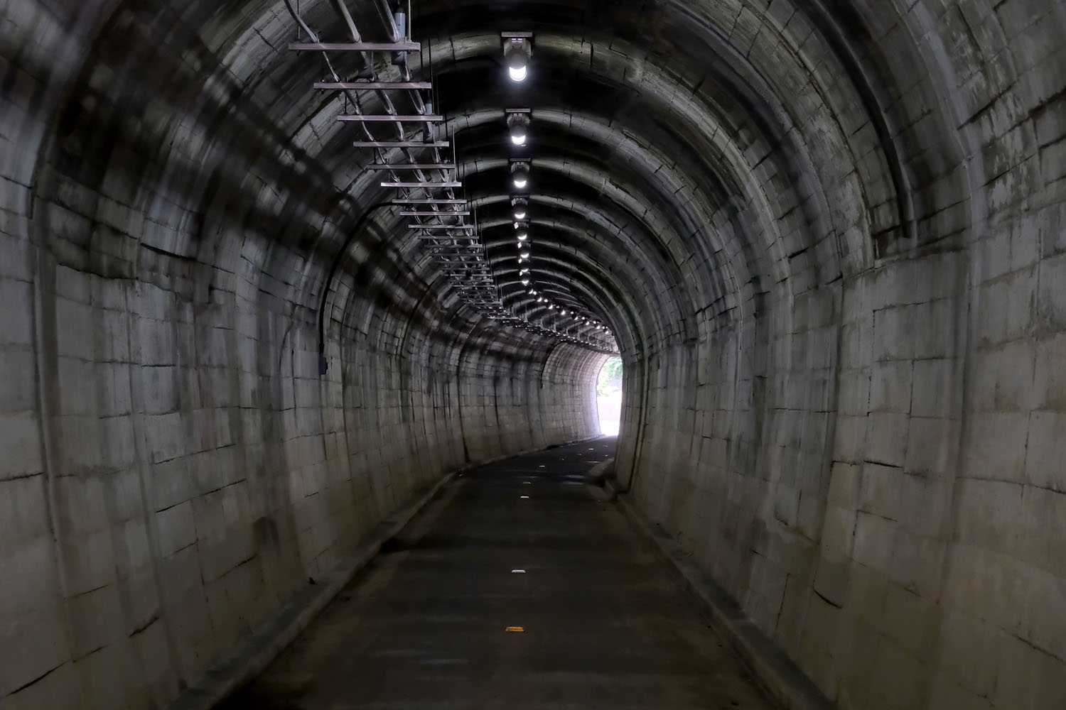 出口部分がカーブする赤堀トンネルの内部。コンクリートの壁面は以後のトンネルも同じである。先ほどから気になるのはケーブル類。おそらくトンネル内の照明などの電源ケーブルだろう。