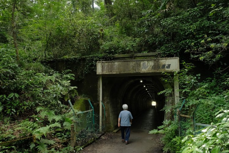 御岳トンネルを振り返る。おお、森の中だ。あまりの雰囲気の違いに異界へ踏み入れたような一抹の不安を覚える。おばあさんが散歩してきたので、変わらない世界にいるのだとホッとするのであった（大げさ）。