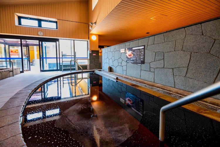 内湯のメイン浴槽になっている黒湯炭酸泉。さっぱり湯は半円形、しっとり湯は長方形の湯船。