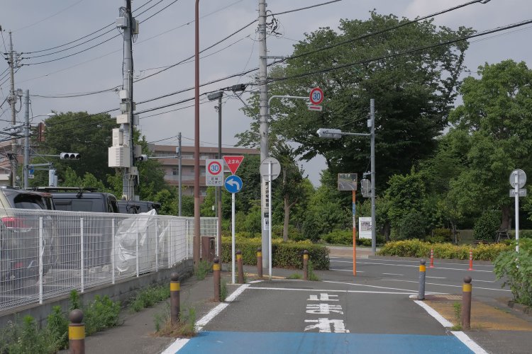 カーブの先で道路が横断しており、引込線の跡は消えていく。