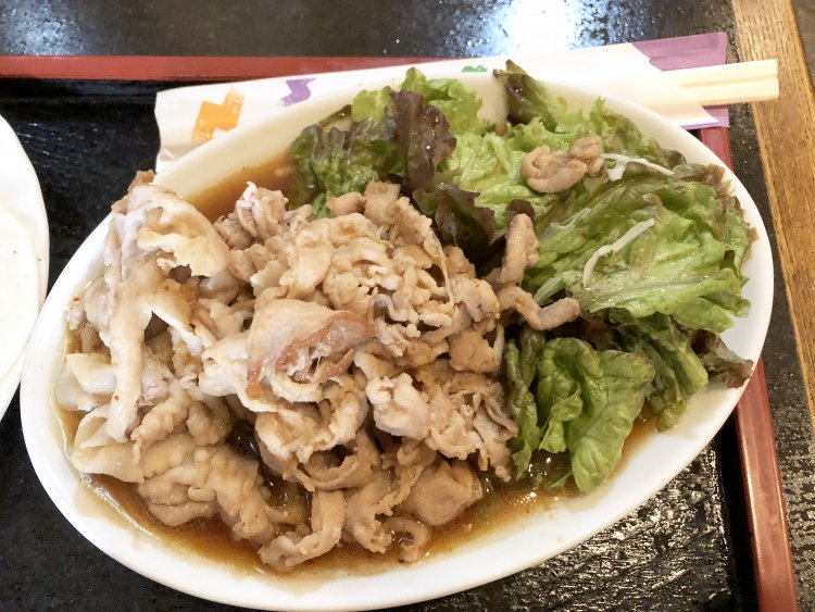 タレにまみれた生姜焼きの空撮。一般的な定食屋さんならこれだけで一人前。