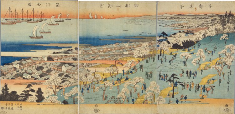 歌川広重が描いた浮世絵。桜や紅葉の名所だった御殿山は、品川宿越しに海を望む景勝地。　「東都名所 御殿山花見 品川全図」( 国立国会図書館デジタルコレクションより転載)