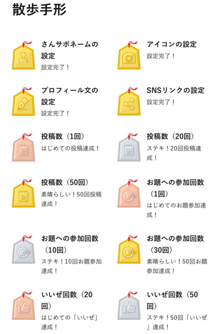 マイページから見られる「散歩手形」一覧。たとえば投稿の数なら、1回だと銅色の手形だけど、20回投稿すると銀色、50回の投稿で金色の手形をゲット！