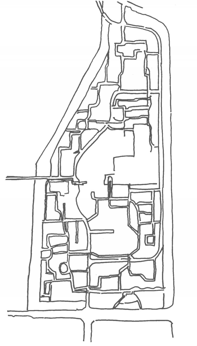 八潮団地の地図。北（上）が八潮橋、東の縁を縦に貫くのが大井ふ頭緑道公園、南西の角が勝島橋、西に突き出ているのがかもめ橋、その根元が商業施設だ。中央には八潮学園がある。