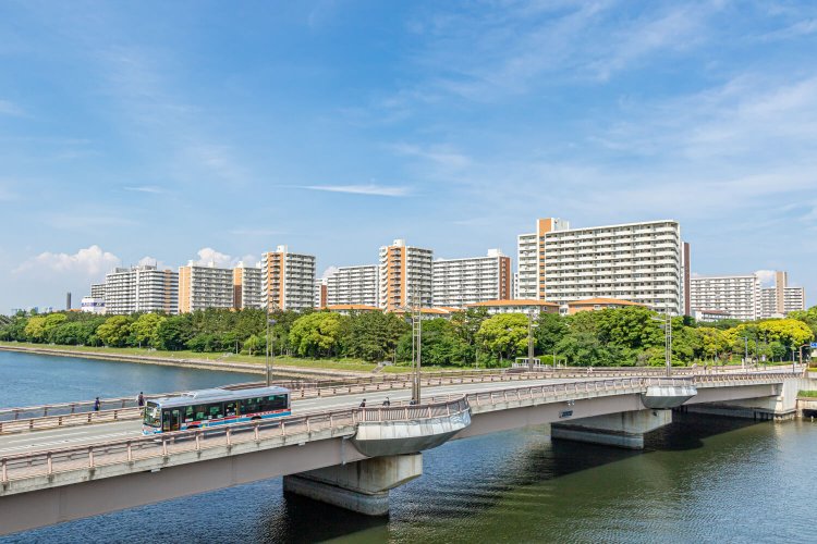 勝島橋の先に広がるのが八潮団地。高層住宅の手前に低層住宅も並ぶ。