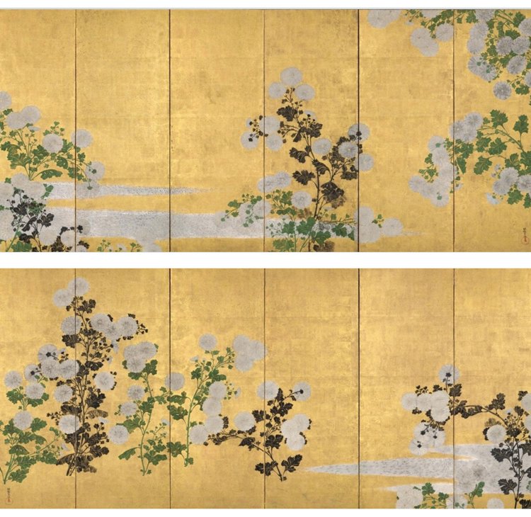 元禄文化を代表する光琳の華やかな菊図。尾形光琳「菊図屏風」（部分） 江戸時代前期 18世紀初頭 岡田美術館蔵。
