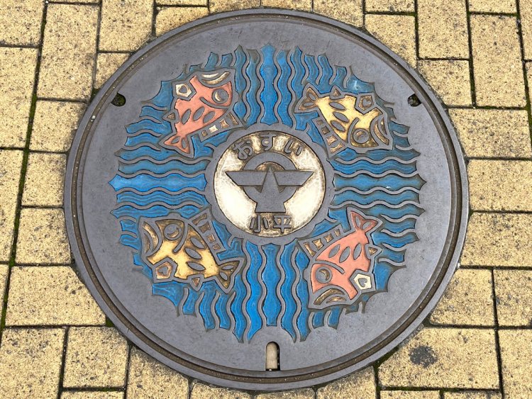 魚をあしらった小平市のマンホール。「おすい」の表記がある。