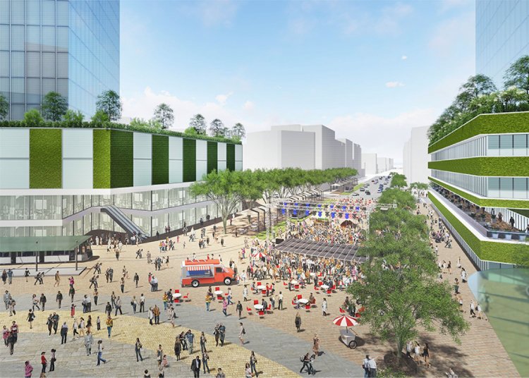 池袋駅東口グリーン大通り広場化イメージ。駅東西デッキ敷設と並行して、 西武百貨店からグリーン大通り一帯まで続く、歩行者広場の整備も計画されている。　画像提供＝豊島区