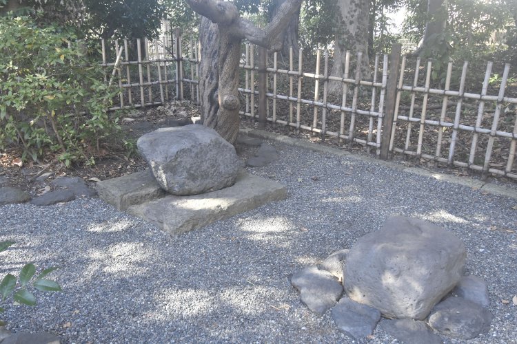 清水町の八幡神社境内に残る頼朝・義経の対面石。