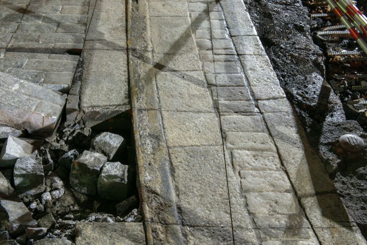 外側のレールは「溝付きレール」という特殊な形状。レール頭部分が溝になっている。これはアスファルトか何かで溝が埋まっているようだ。