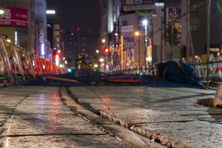 ローアングルで観察するとカッターで刻まれた状況が目立たなくなり、一瞬現役の軌条に見えた。敷石は表面が滑らかに感じた。