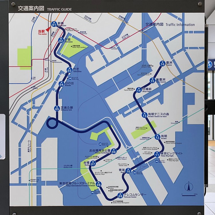 実際の地図に沿った、ゆりかもめの路線図。海やランドマーク的な建物も描かれている。