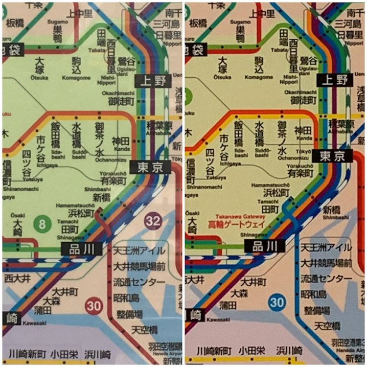 高輪ゲートウェイ駅が登場する前（左・2018年）と登場後（右・2020年）の路線図。