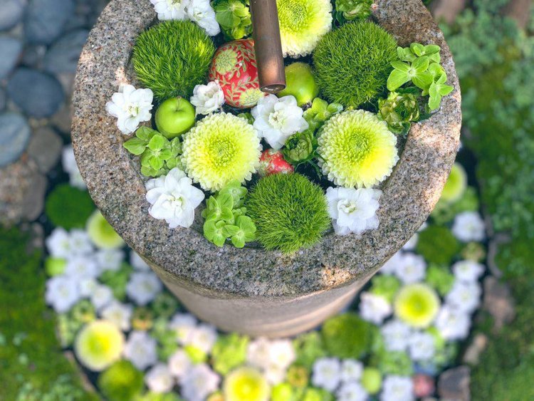 行田八幡神社の花手水。境内数ヶ所で大きさや形状の違った花手水を楽しむ事ができまする！ 