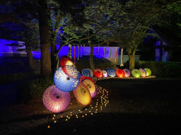 昼間とはまた違った様子が見られる花手水ライトアップ。成田軍が演舞やおもてなしを行なっている場所も幻想的な世界に！