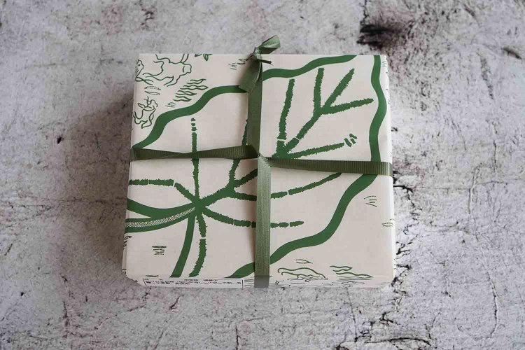 里芋の葉の下で蛙が踊る、愛らしい包装紙。