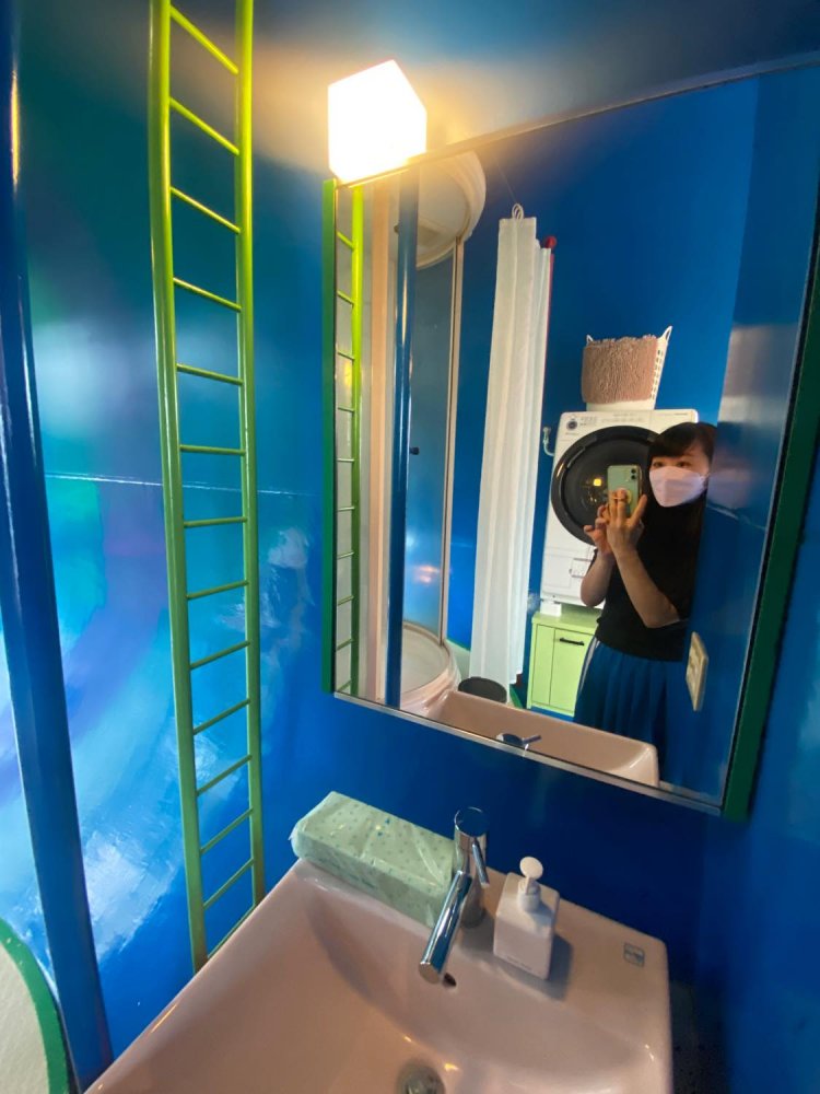 洗面所には緑のハシゴのようなパイプがあり、タオルがけに使えそう。