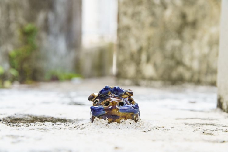 地面からひょっこりのぞくシーサー！焼き物の街ならでは。