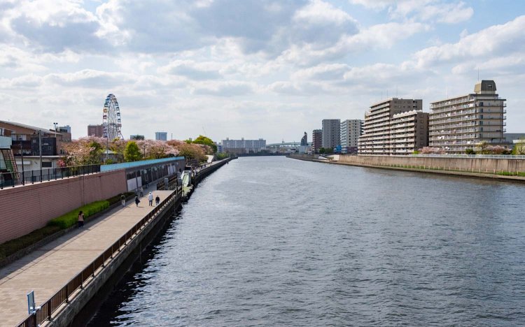 大阪屋の近くにある小台橋から隅田川とあらかわ遊園を望む