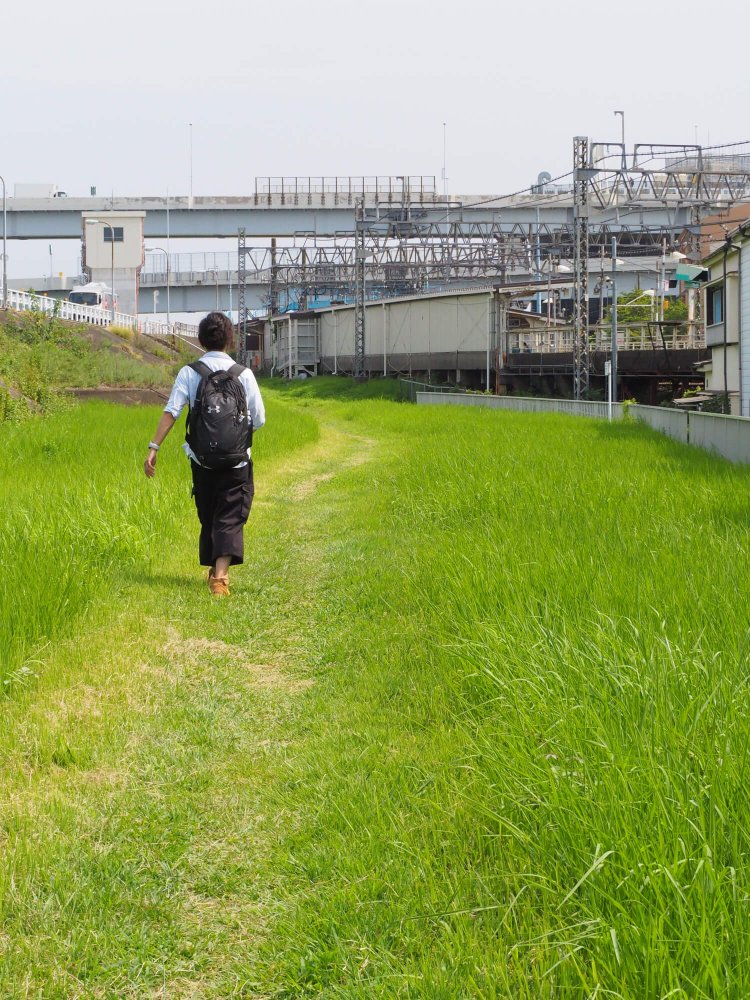東口側の住宅地から駅改札へ続く堤防沿いの道。いや、めっちゃ解放感ある野原じゃん！