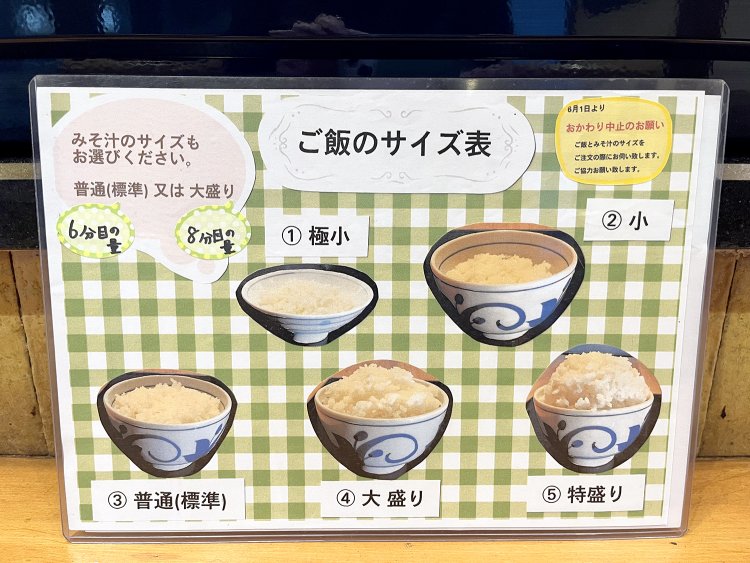 ご飯は極小から特盛りまで同一金額。食べきれる量を選ぼう。