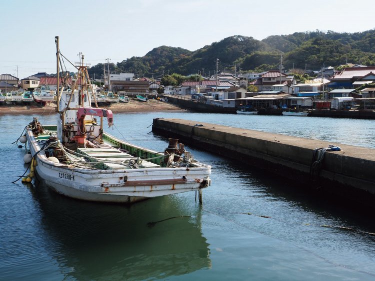 相浜港。民家の奥が館山野鳥の森になる。布良は明治期にはマグロの延縄漁（はえなわりょう）でにぎわったところ。冬場の漁は危険も多く遭難者も多かった。