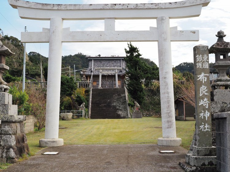 主祭神は天富命。後に安房神社の下社となり、布良崎（めらさき）神社の衣食住の神として信仰を集める。境内は二段で下段には狛犬など、上段には本殿と拝殿がある。拝殿は木造で、明治時代の築らしい。