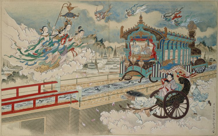 河鍋暁斎『地獄極楽めぐり図』より「極楽行きの汽車」1872年、静嘉堂文庫美術館 画像提供：静嘉堂文庫美術館／DNPartcom　＊展示期間：～11/6