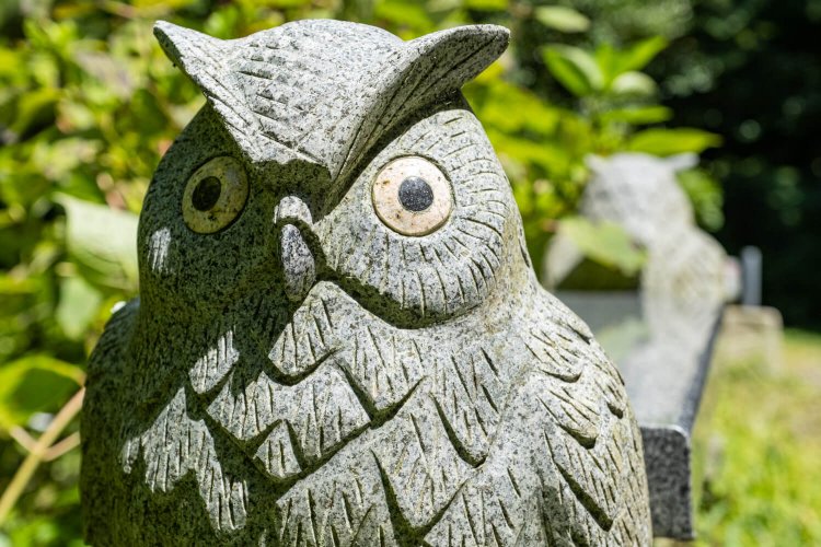 日本一の大フクロウをはじめ、表情の異なるフクロウ像が境内のあちらこちらに出没。