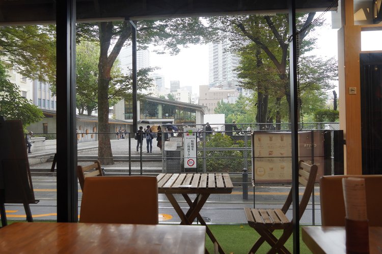 全面ガラスの窓から南池袋公園が見える。