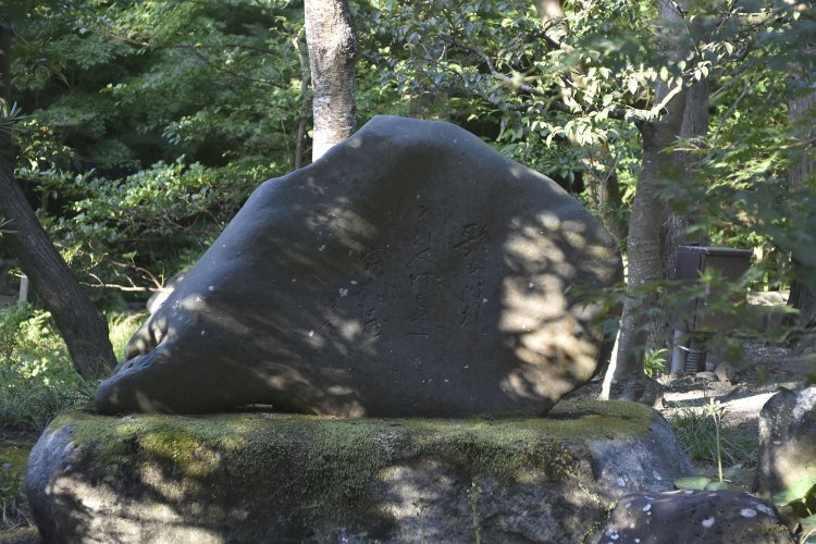 柳原神池畔の木立内にある実朝を偲ぶ句碑。