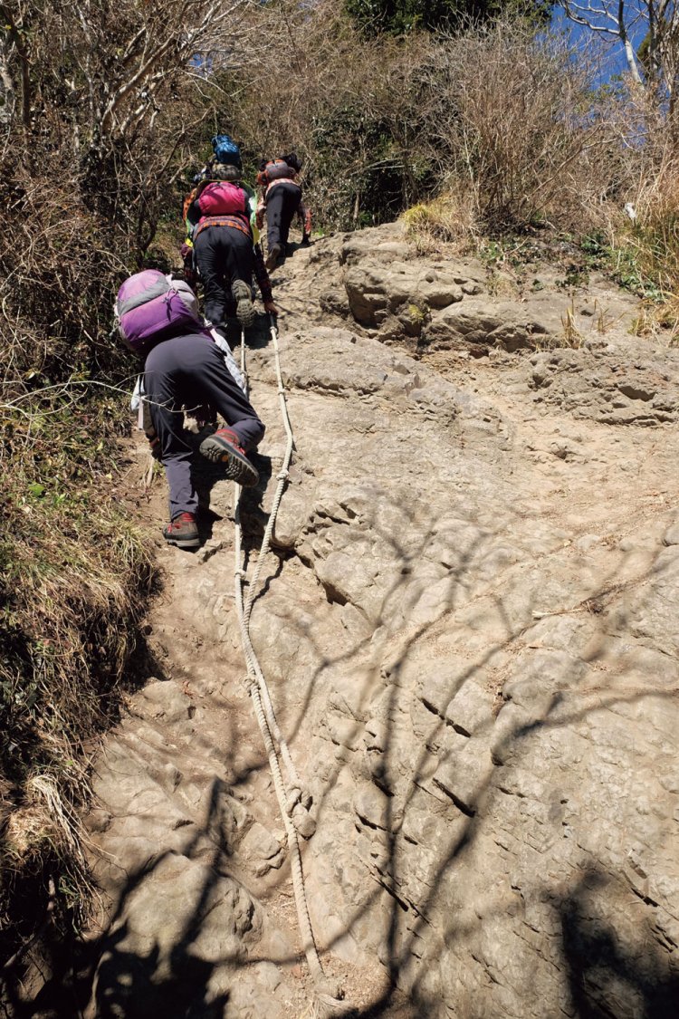 「ハイキングコースはここまでです」からすぐ現れる1本の長いロープ。これは長いけれど比較的楽に登れる。小手調べのロープか。