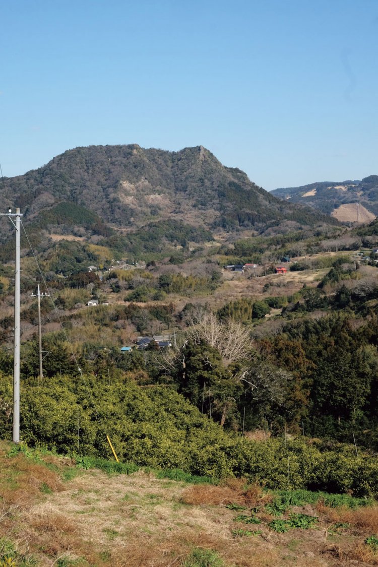 富山へ行く登山口を上がっていくと、背後に見える伊予ヶ岳の雄姿。上部、右側の尖がっている山頂が南峰になる。