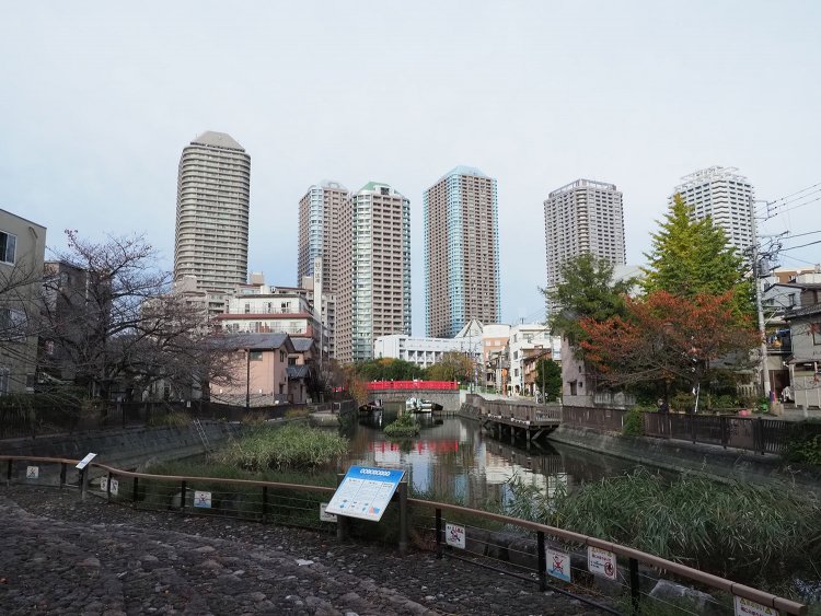 朱色の佃小橋が景色の中で映える。ほど近い公園は時間帯もあり、お子さん連れが多く、にぎやかで平和な光景だった。