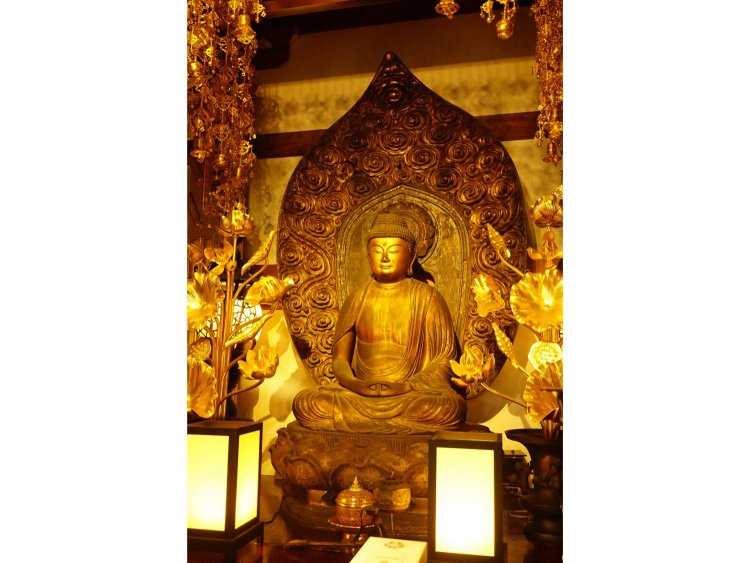 東京都の重要文化財となっている、御本尊の阿弥陀如来像。立ち上がれば人間と同じくらいの背丈になるような大きさと、今にも口を開きそうな表情が、一対一で仏とリアルに向き合う感覚を生む。