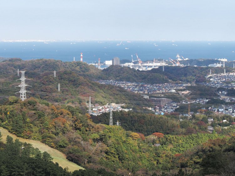 山頂から東方面を眺めると、東京湾が見える。天気がよければ房総半島まで見通すことができる。