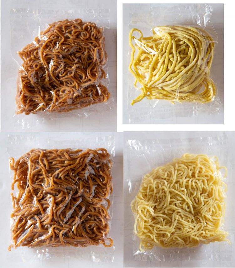 左上から時計回りに、二度蒸し細焼きそば80円、中華麺（激太）110円、浅蒸し焼きそば70円、二度蒸し太焼きそば80円（要予約）。