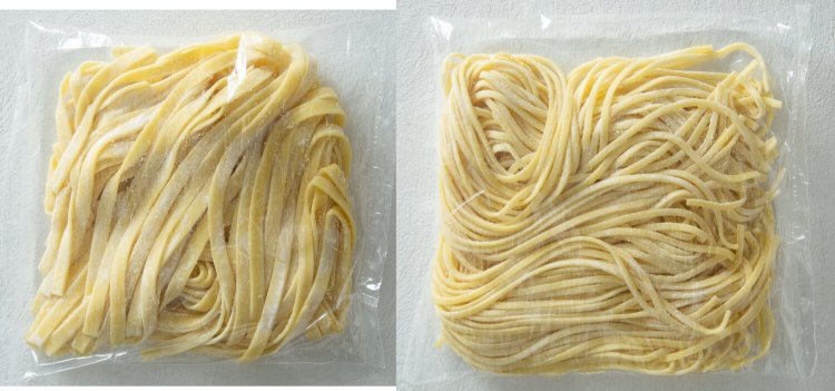 左から、フェットチーネ（平太）120円、リングイネ（平細）120円。