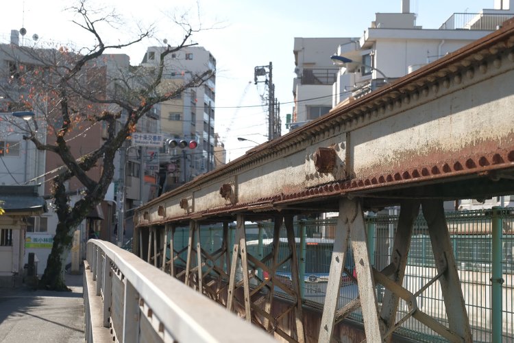歩道橋から上弦材に穿たれたピン結合部を見る。斜材と上弦材が繋がる格点にピン頭が並んでいる。