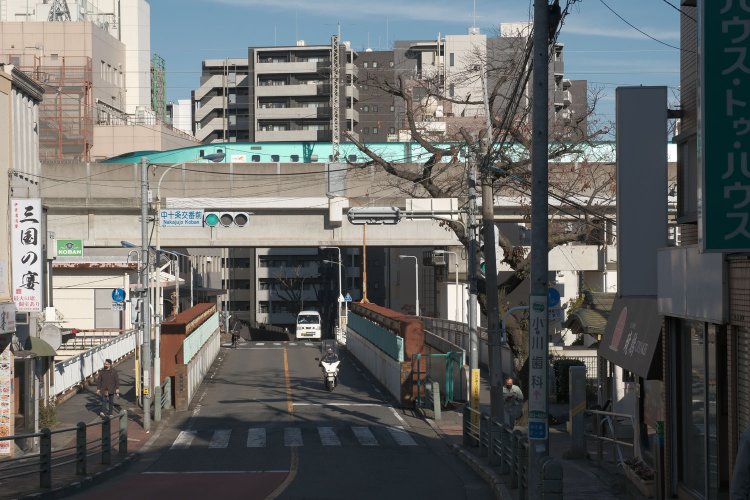 武蔵野台地の坂の途中から遠望する。E5系と桜の木と地蔵堂、それに老跨線橋。変哲のない光景だが、様々な時代に出来たものがこの1枚に凝縮している。