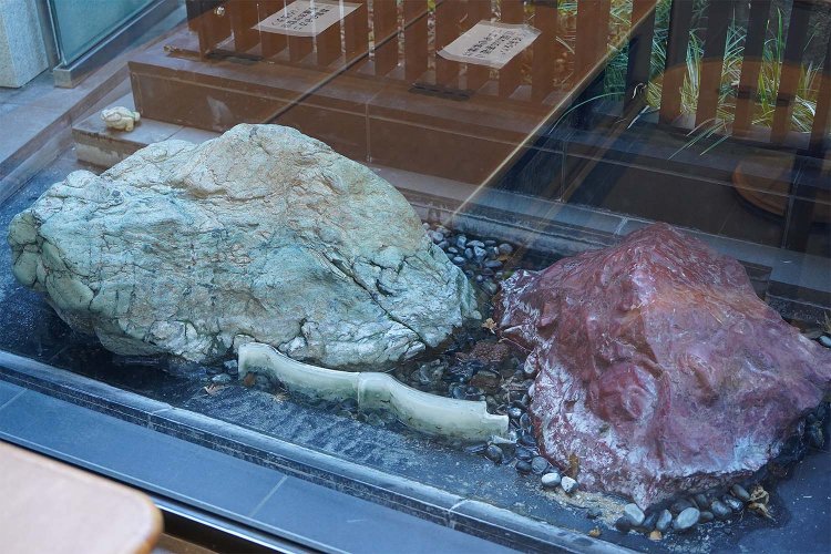 坪庭の水辺にある赤石と青石は、リニューアル前の本店お庭にあったもの。