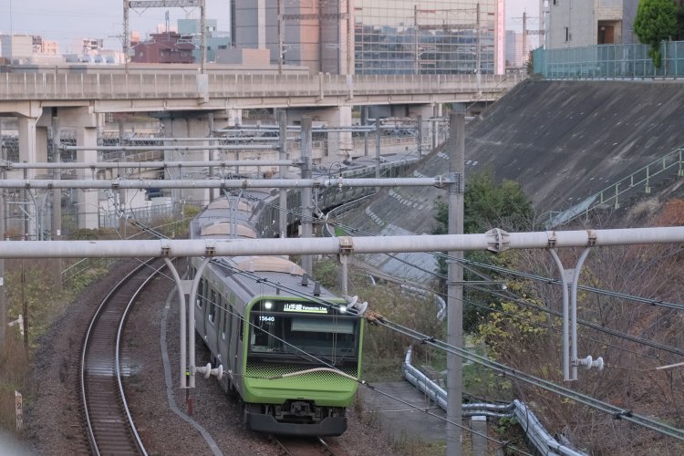 富士見橋から山手線を見る。遠方はストンと地形が落ちているのがわかり、その先に東北新幹線の高架橋が望める。はるか昔は大変眺望がよかったのだろう。