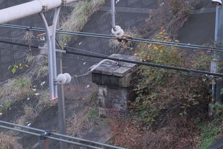 富士見橋から架線柱越しに道灌山トンネルの壁柱を見る。こちらは裏側部分だ。トンネル坑口の裏面部分はたいてい山の斜面に面しているので、こうして見ることは珍しい。